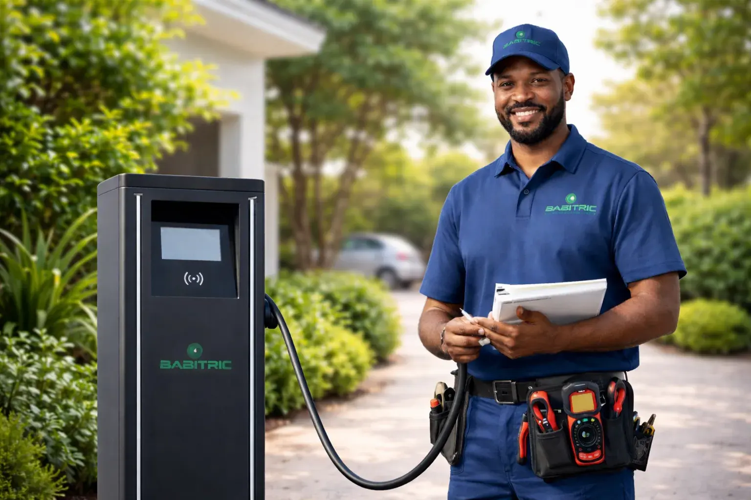 Technicien installant une borne Babitric